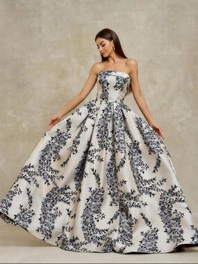 Strapless Ivory Floral Ball Gown Dress